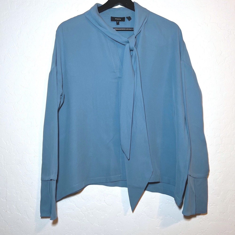 Theory Scarf Shirt B Classic Silk Tie Neck Blouse Blue Petite P/ Small